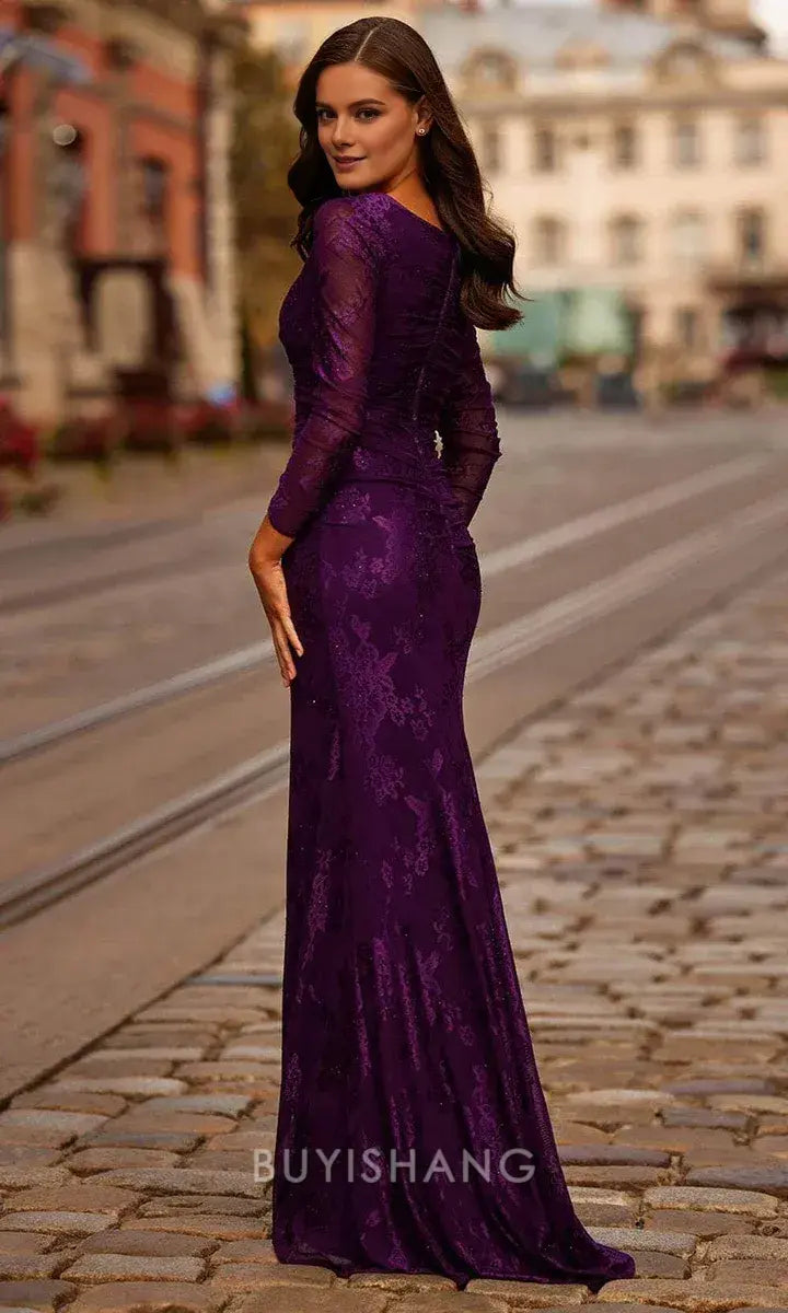 Elegant Plunging V-Neck Long Sleeve Lace Mermaid Maxi Dress Mother of the Bride Dress